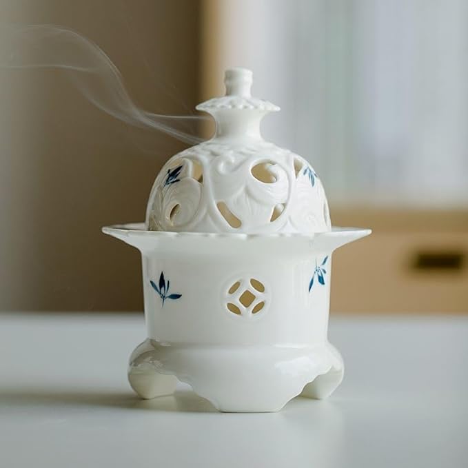 Handcrafted Ceramic Incense Burner (Hand-Painted Orchid), Three-Legged Incense Holder for Coil, Stick or Incense Seal, Elegant Chinese Incense Holder for Home Fragrance Decor - Bloomnest