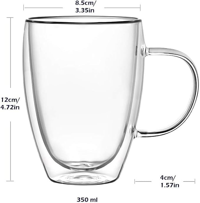 Espresso Cups Set Of 2 12 Oz, Double Walled Glass Coffee Mugs with Handle,Insulated Layer Coffee Cups,Clear Borosilicate Glass Mugs,Perfect for Cappuccino,Tea,Latte,Espresso,Hot Beverage,Wine - Bloomnest