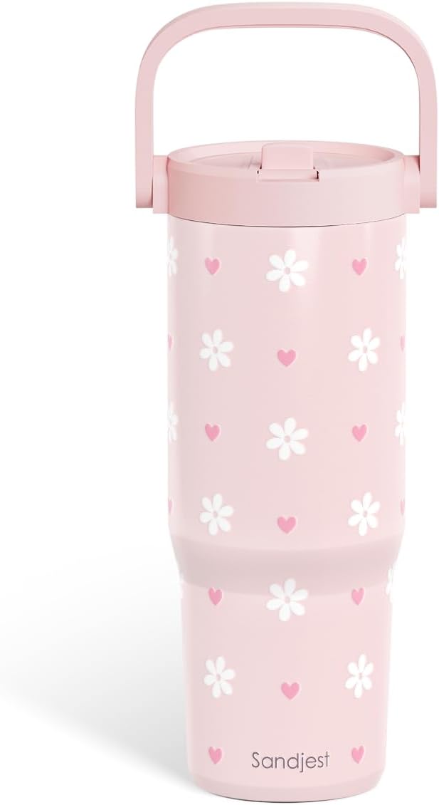 SANDJEST Daisy Stainless Steel Straw Lid Tumbler 30oz with Carry Handle for Women Girls, Insulated Travel Coffee Cup, Gift for Sports Outdoor Workout Christmas Birthday (Pink) - Bloomnest