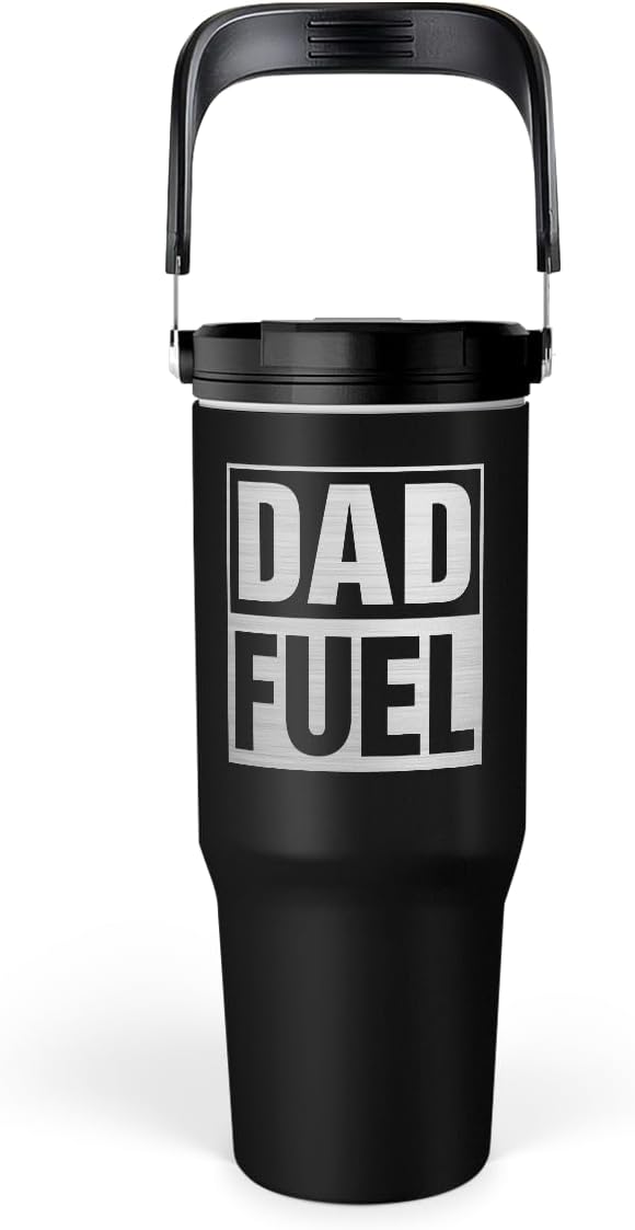 SANDJEST Dad Fuel Stainless Steel Insulated 30oz Tumbler with Carry Handle & Flip Straw Lid for Dad on Fathers Day, Birthday or Christmas