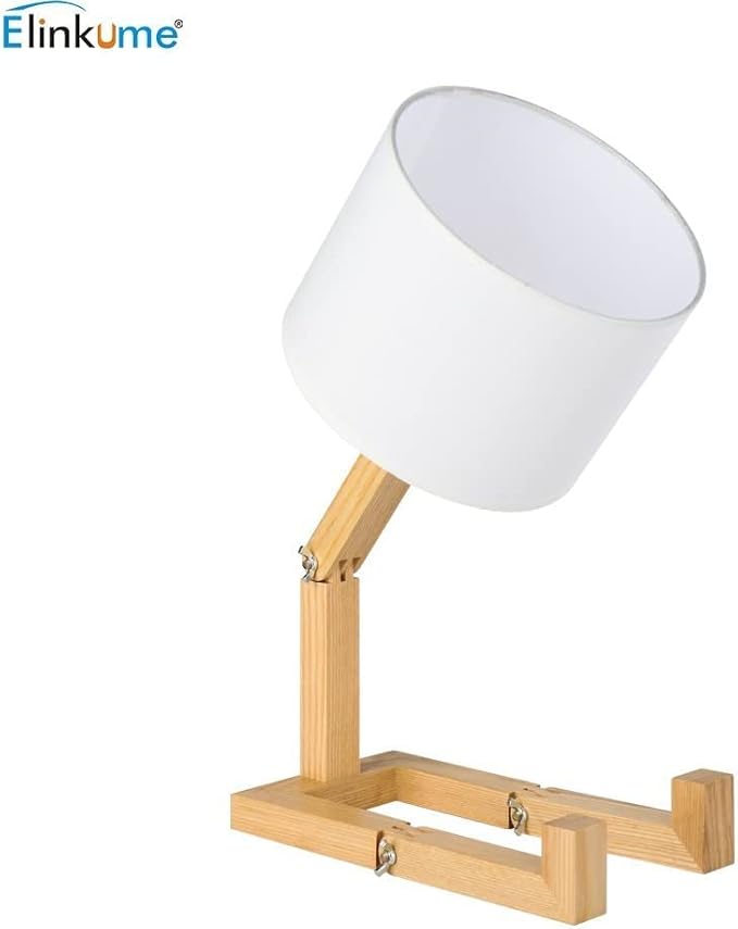 ELINKUME Robot Bedside Lamp, Fabric Lampshade Match Foldable Solid Wood Body, Creative E27 Screw Table Lamp for Bedroom Living Room - Bloomnest