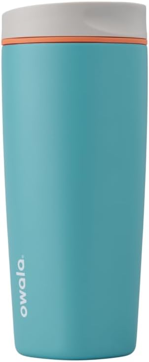 Owala SmoothSip Slider Insulated Stainless Steel Coffee Tumbler, Reusable Iced Coffee Cup, Hot Coffee Travel Mug, BPA Free 20 oz, Grey/Blue (Beachy Breeze) - Bloomnest