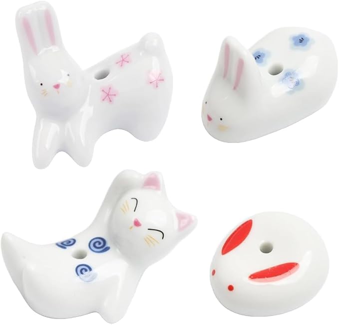 4Pcs Rabbit Cat Ceramic Incense Holder Cute White Animals Incense Sticker Holder Fun Home Decorative Ornaments for Home Room Decoration Yoga Spa Meditation Incense Holders - Bloomnest