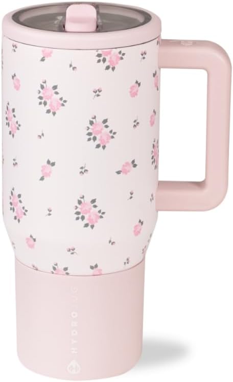 HydroJug Traveler - 20 oz Water Bottle with Handle & Flip Straw - Fits in Cup Holder, Leak Resistant Tumbler-Reusable Insulated Stainless Steel & Rubber Base - Gifts for Women & Men, Wildrose - Bloomnest