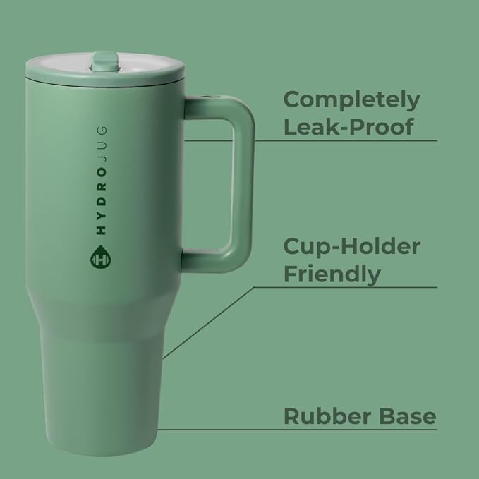HydroJug Traveler - 40 oz Water Bottle with Handle & Flip Straw - Fits in Cup Holder, Leak Resistant Tumbler-Reusable Insulated Stainless Steel & Rubber Base - Gifts for Women & Men, Sage - Bloomnest