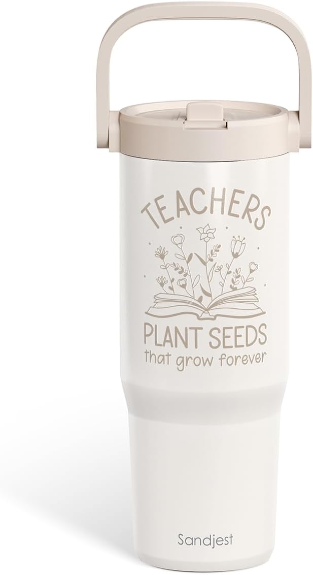 SANDJEST Teacher Stainless Steel Straw Lid Tumbler 30oz with Carry Handle for Women Girls, Insulated Travel Coffee Cup, Gift for Sports Workout Christmas Birthday Teacher's Day - Bloomnest
