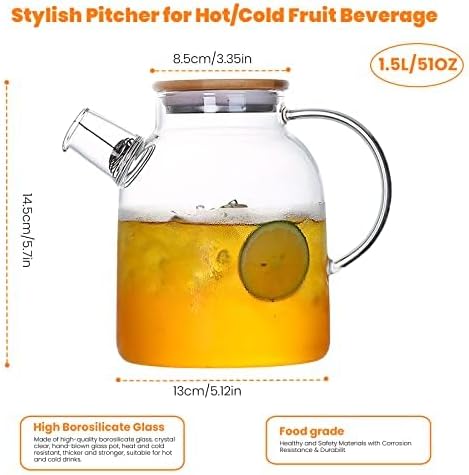 Glass Teapot 50.7oz/1500ml, Stovetop & Microwave Safe Borosilicate Tea Pot,Clear Teapot with Strainer, Glass Tea Kettle with Wooden Lid for Loose Leaf、Fruit Tea and Fragrant Tea - Bloomnest