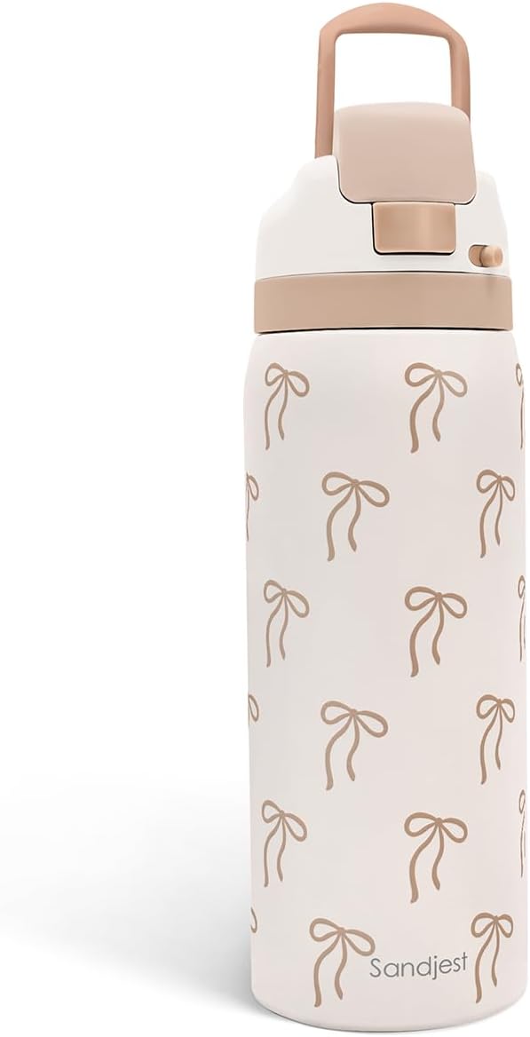 Bow Insulated Stainless Steel Water Bottle with Straw for Sports and Travel, 32oz, Gifts for Women Girls Friends Teens Birthday Christmas (Brown) SANDJEST