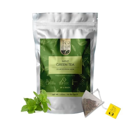 Tealeaf & Co. Mint Green Tea Bags Blended with Fresh Herbs - Spearmint & Peppermint Tea - Contains Low Caffeine - Gluten Free - 100 Teabags (7.055oz/200gm) - Bloomnest