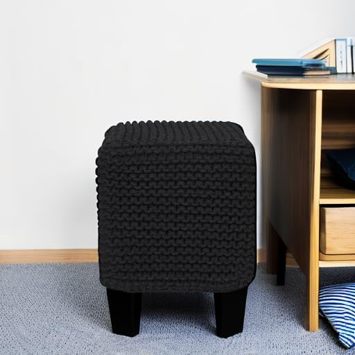 REDEARTH Cube Pouf Foot Stool Ottoman - Hand Knitted Poof - Cord Boho Pouffe - Home Décor - Stuffed Footrest for Living Room - Bedroom - Covered Patio (16" x 16" x 16") - Black - Bloomnest