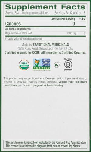 Traditional Medicinals Organic Lemon Balm Tea, Tea Bags | Herbal | Pack of 2 | 16 Count | Calming - Bloomnest