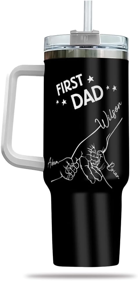 First Dad Now Granddad 40oz Tumbler with Handle and Straw, Personalized Mug with Hand Holding Design and Custom Names, Gift for Grandpa from Kids and Grandkids for Father’s Day or Birthday - Bloomnest