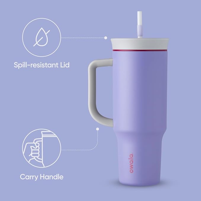 Owala Stainless Steel Triple Layer Insulated Travel Tumbler with Spill Resistant Lid, Straw, and Carry Handle, BPA Free, 40 oz, Light Purple (Whimsical Daydream) - Bloomnest