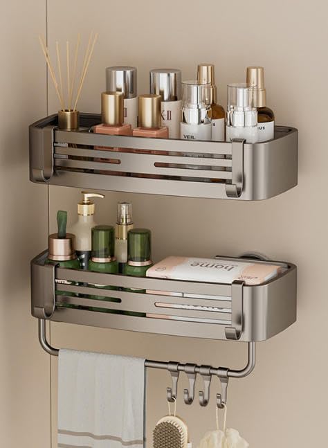 Suction Cup SQUARE Shower Caddy with Hooks and Towel Bar for Bathroom. Aluminum, Reusable, Rustproof, No Drill, No Tools, No Glue. Multifunctional, Hang Towel, Loofah, Sponge (2 Pack, Gray) - Bloomnest