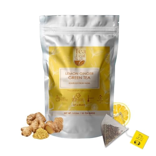Tealeaf & Co. Lemon Ginger Green Tea with Ginger, Lemon Flavor, Orange Peel, Mint & Black Pepper - Organic Green Tea Bags with Fresh Herbs and Spices - Vegan - 100 Teabags (7.055oz/200gm) - Bloomnest
