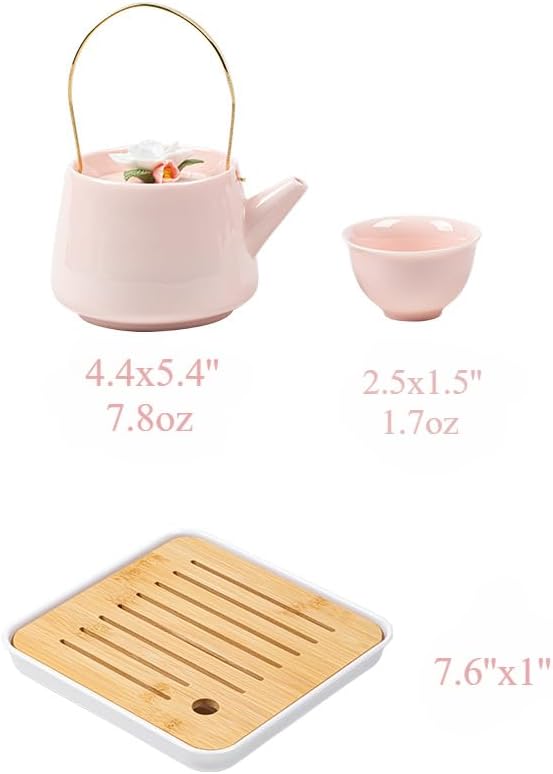 Japanese Porcelain Tea Set, Pink Kungfu Teapot Set with 1 Teapot, 4 Tea Cups, 1 Tea Tray, for Adults, Tea Lover/Women/Men/Office/Home (Pink) - Bloomnest