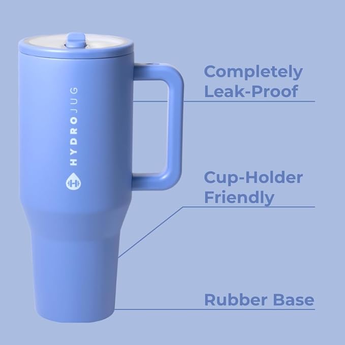 HydroJug Traveler - 32 oz Water Bottle with Handle & Flip Straw - Fits in Cup Holder, Leak Resistant Tumbler-Reusable Insulated Stainless Steel & Rubber Base - Gifts for Women & Men, Light Blue - Bloomnest
