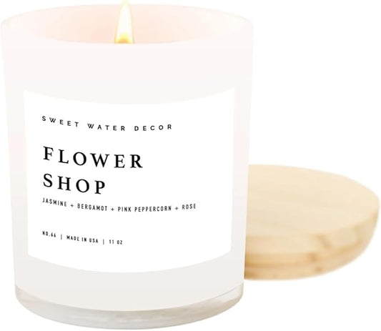 Sweet Water Decor Flower Shop Candle - Jasmine with Pink Peppercorn Scent -100% Cotton Wick Soy Blend Wax Candles with 50 Hour Burn Time - Poured in The USA - 11oz White Jar - Bloomnest