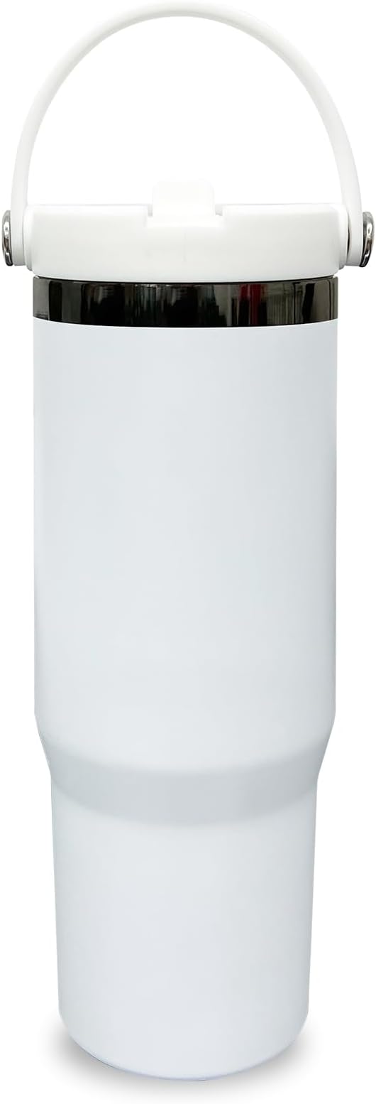 30 oz Tumbler with Handle, Double Wall Vacuum Insulated Tumblers with Flip Straw, Coffee Mug 30oz Powder Coated Cup for Hot and Cold Drinks(Black Plated, White,1 pack)