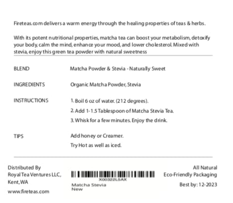 FIRE TEAS Sugar Free Matcha Tea with Stevia - Naturally Sweetened Green Tea Powder -)