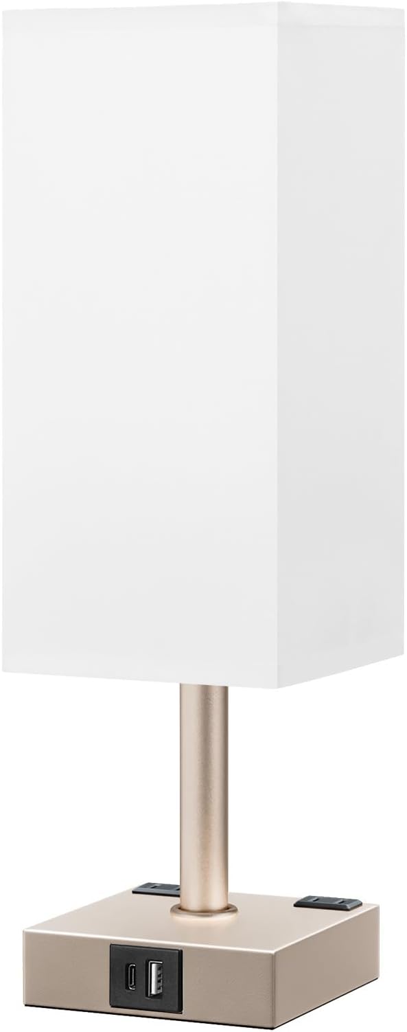 Antique White Touch Table Lamp - Mochaca Gold Bedside Lamp with USB A + Type C Charging Ports and Two AC Outlets, Small Night Stand with E26 LED Bulb, Desk Light for Bedroom Living Room Office Dorm - Bloomnest