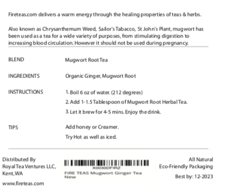 FIRE TEAS Mugwort Ginger Herbal Tea - Relaxant, Detoxifying, Helps Digestion - -