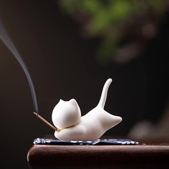 Cat Incense Stick Holder with A Mat and 1 box Incense Stick Cute Ceramic Incense Burner for Stick Incense Ash Catcher for Home,Office,Yoga Meditation Stress Relief Gift for Cat Lovers (White Cute Cat) - Bloomnest