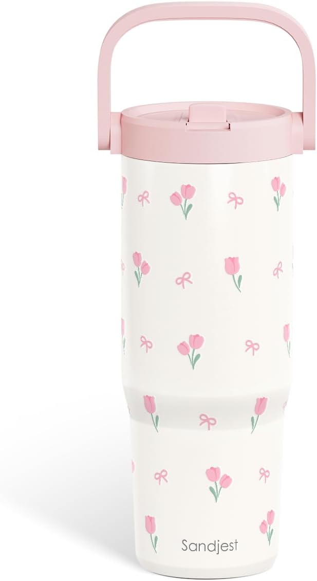 SANDJEST Tulip Stainless Steel Straw Lid Tumbler 30oz with Carry Handle for Women Girls, Insulated Travel Coffee Cup, Gift for Sports Workout Christmas Birthday - Bloomnest