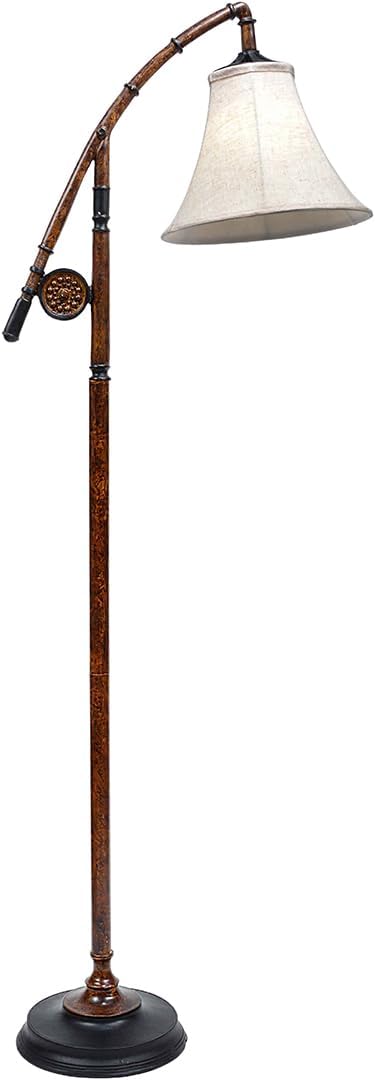 BLACK FOREST DECOR - Fishing Pole Floor Lamp with Linen Shade, Cast Resin Construction - Vintage Lakeside Style - 19" W x 63" H - Bloomnest