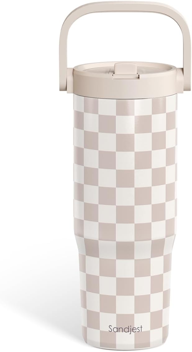 SANDJEST Checker Stainless Steel Straw Lid Tumbler 30oz with Carry Handle for Women Girls, Insulated Travel Coffee Cup, Gift for Sports Outdoor Workout Christmas Birthday - Bloomnest