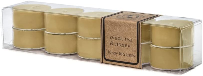 ECO CANDLE CO. Tea Light Candles, Black Tea & Honey, 10-Pack - Scents Of Spicy Tea, Nutmeg, Honey, & Orange - Recyclable Plastic Cups, 100% Soy Wax, No Lead, Hand Poured, Midwest Soybeans, .6 oz. Each - Bloomnest