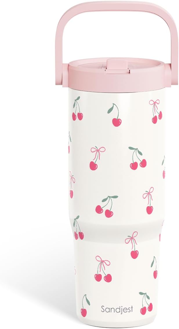SANDJEST Cherry Stainless Steel Straw Lid Tumbler 30oz with Carry Handle for Women Girls, Insulated Travel Coffee Cup, Gift for Sports Outdoor Workout Christmas Birthday - Bloomnest
