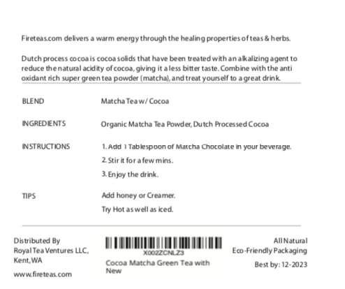 FIRE TEAS Chocolate Matcha Green Tea Powder (90 grams) - Smooth Cocoa Mix with Green Tea Powder -