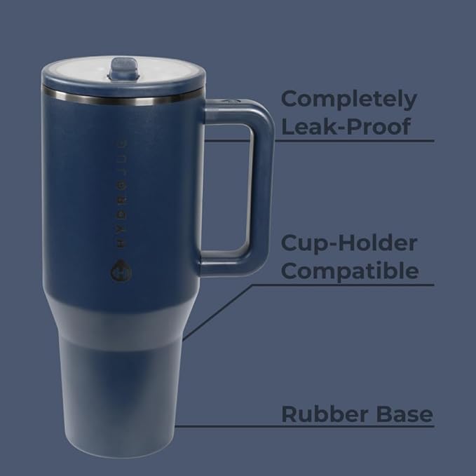 HydroJug Traveler - 40 oz Water Bottle with Handle & Flip Straw - Fits in Cup Holder, Leak Resistant Tumbler-Reusable Insulated Stainless Steel & Rubber Base - Gifts for Women & Men, Midnight - Bloomnest
