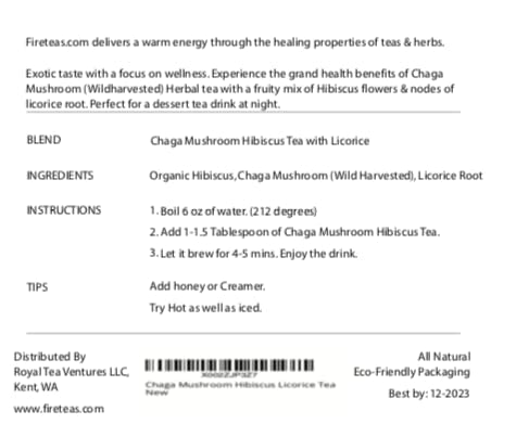 FIRE TEAS Organic Chaga Mushroom Herbal Tea with Hibiscus & Licorice Root - Packed with Antioxidants -