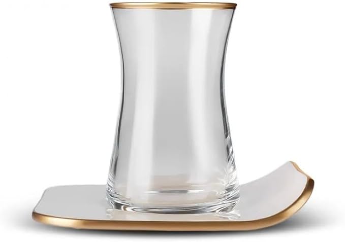 KARACA Retro 12-Piece Turkish Tea Cups for 6 People, 5.58 fl oz Turkish Tea Glasses Set, Durable Glass with Gold Detailing & Cream Color Saucers - Bloomnest