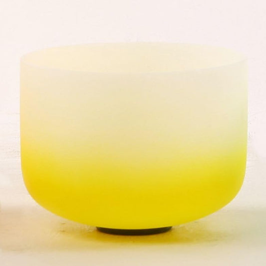 Leize Crystal Singing Bowl Gradient Color Chakra Tuned Quartz 10” wide Yellow 432hz E Note with Suede Striker