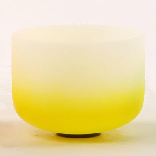 Leize Crystal Singing Bowl Gradient Color Chakra Tuned Quartz 10” wide Yellow 432hz E Note with Suede Striker - Bloomnest