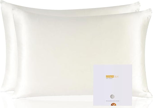 ZIMASILK 100% Pure Mulberry Silk Pillowcase 2 Pack, Soft and Smooth,Both Sides Premium Grade 6A Silk,600 Thread Count,with Hidden Zipper (Queen 20''x30'',Ivory) - Bloomnest