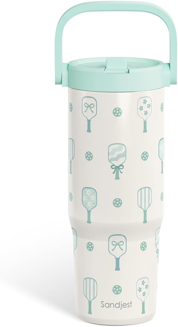 SANDJEST Pickleball Stainless Steel Straw Lid Tumbler 30oz with Carry Handle for Women Girls Adults, Insulated Travel Coffee Cup, Gift for Sports Outdoor Workout Christmas Birthday (Mint) - Bloomnest