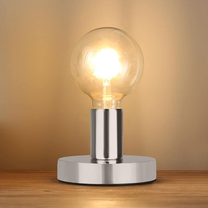 Helunsi Industrial Table Lamp Base, Silver E26 E27 Lamp Base Without Shade, Mini Short Desk Lamp Exposed Bulb Base, Simple Metal Edison Light Bulb Stand, with 5.8ft Cord Switch Plug Bulb Base Holder - Bloomnest