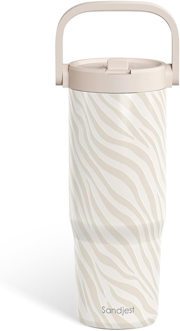 SANDJEST Zebra Skin Stainless Steel Straw Lid Tumbler 30oz with Carry Handle for Women Girls, Insulated Travel Coffee Cup, Gift for Sports Outdoor Workout Christmas Birthday - Bloomnest