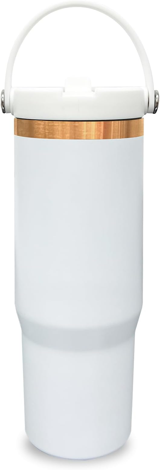 30 oz Tumbler with Handle, Double Wall Vacuum Insulated Tumblers with Flip Straw, Coffee Mug 30oz Powder Coated Cup for Hot and Cold Drinks(Copper Plated, White,1 pack)