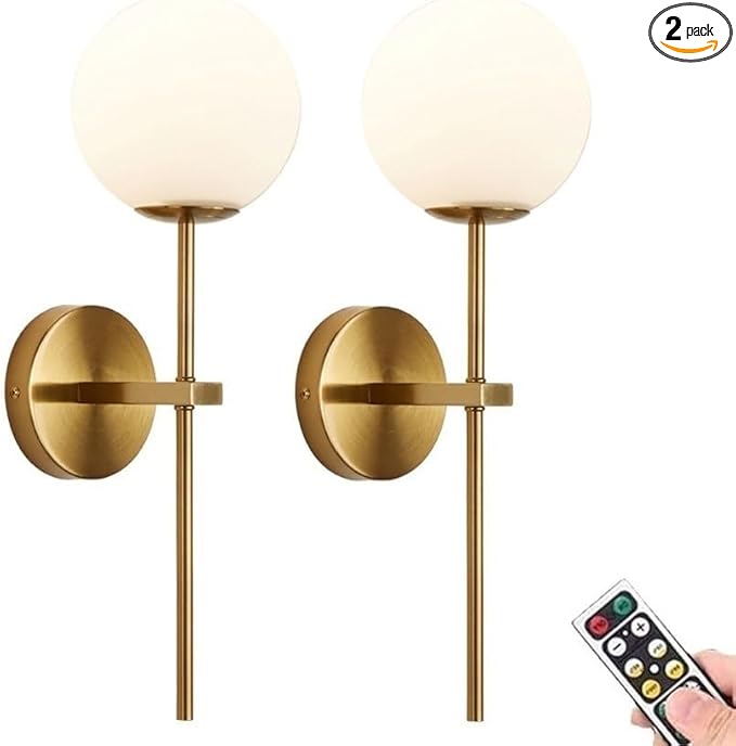 KEFA Gold Battery Operated Wall Sconces Set of 2, Modern Remote Wall Lamp Globe Glass Shade,Not Hardwired Rechargeable Wall Lights Fixture with Timer and Dimmable for Bedroom Living Room Bathroom - Bloomnest