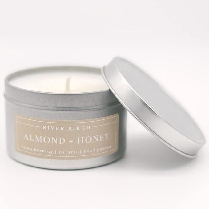River Birch Candles Almond + Honey Scented Candle | Premium, All-Natural, Non-Toxic, Soy Candles | 8 oz. Silver Tin Travel Candle | Cozy Relaxing Gifts for Home - Bloomnest
