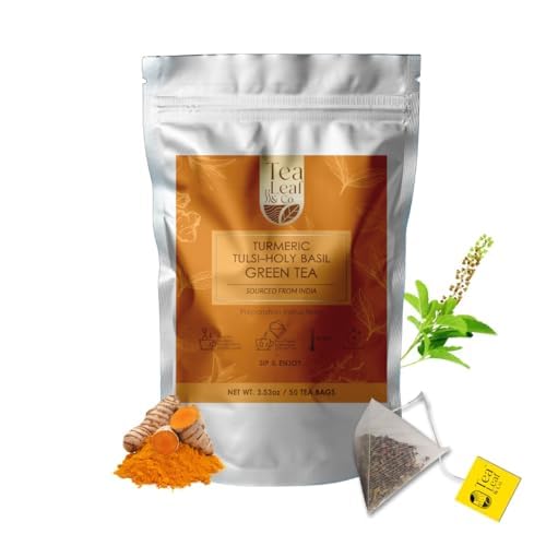Tealeaf & Co. Turmeric Tulsi Holy Basil Green Tea - Turmeric, Tulsi & Peppermint Tea Blended with Fresh Herbs & Spices - Low Caffeine & Vegan - 100 Teabags (7.055oz/200gm) - Bloomnest