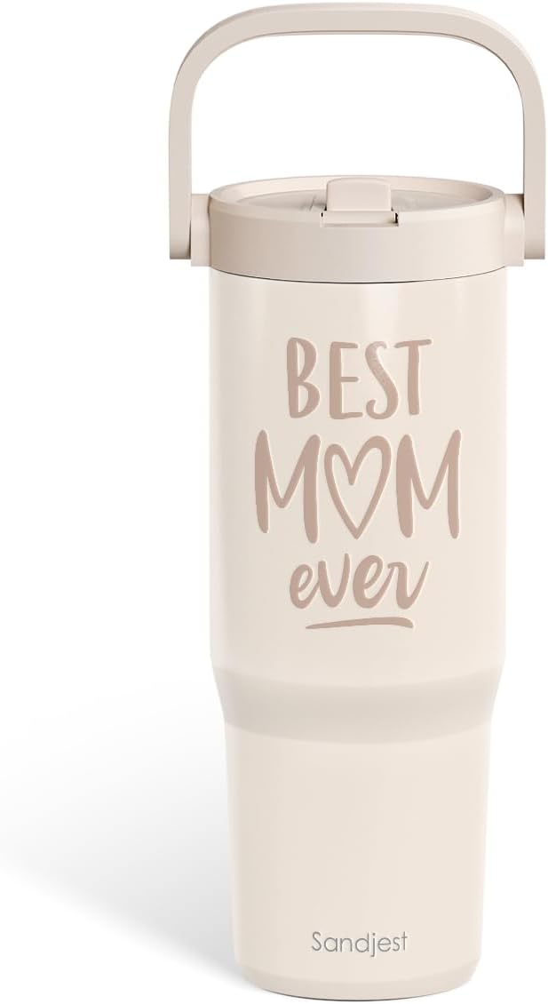 SANDJEST Mom Stainless Steel Straw Lid Tumbler 30oz with Carry Handle for Women, Best Mom Ever Insulated Travel Coffee Cup, Gift for Sports Outdoor Mother's Day Christmas Birthday - Bloomnest