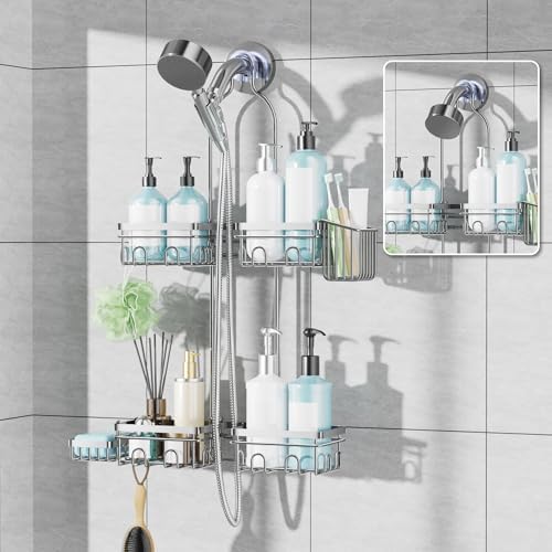 KEGII Shower Caddy Hanging for Handheld Showerheads, Rustproof Hanging Shower Organizer with Soap Dish, Toothbrush Holder and Hooks, Over Showerhead Caddy for Bathroom, Silver - Bloomnest
