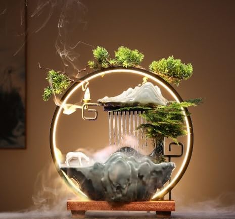 Tabletop Water Fountain, Indoor Waterfall with Round LED Light & Mist Maker and Incense Holder for Home Office Decor for Good Luck Wealth - Bloomnest