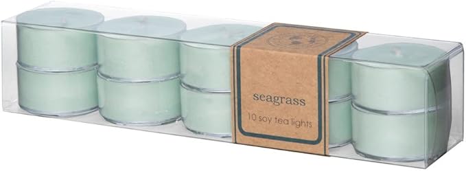 ECO CANDLE CO. Tea Light Candles, Seagrass, 10-Pack - Scents of Coconut, Jasmine, Eucalyptus, Vetiver, Driftwood, & Seaweed - Recyclable, 100% Soy Wax, No Lead, Hand Poured, Midwest Soybeans, 6 oz. - Bloomnest